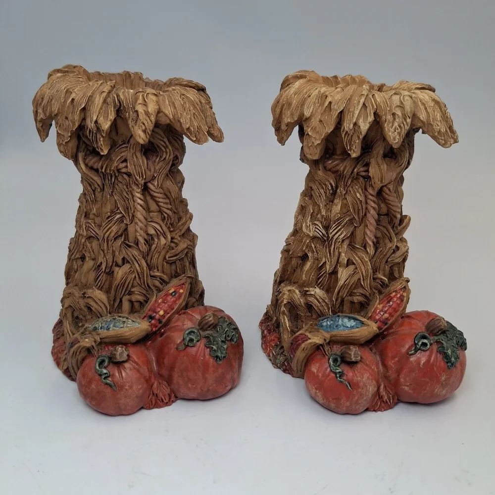 Kurt Adler Resin Thanksgiving Harvest Cornstalk Candle Holders Pumpkin Set 2